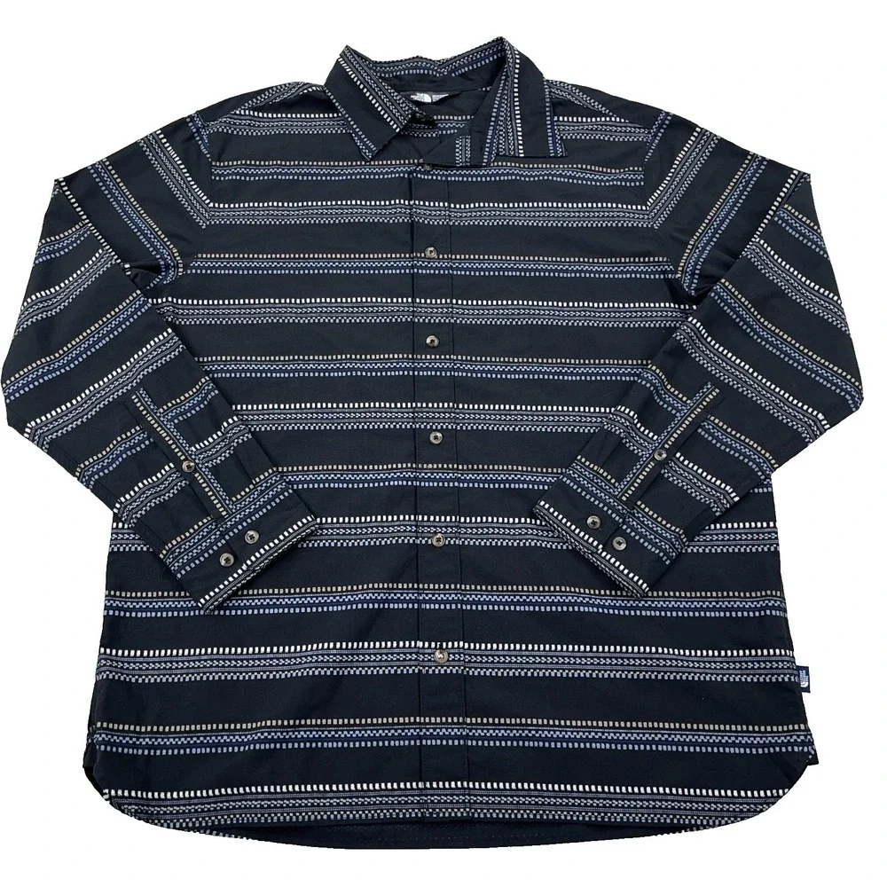 North Face Shirt Men XL‎ Black Striped Button Up Southwestern Hiking Camp Cotton